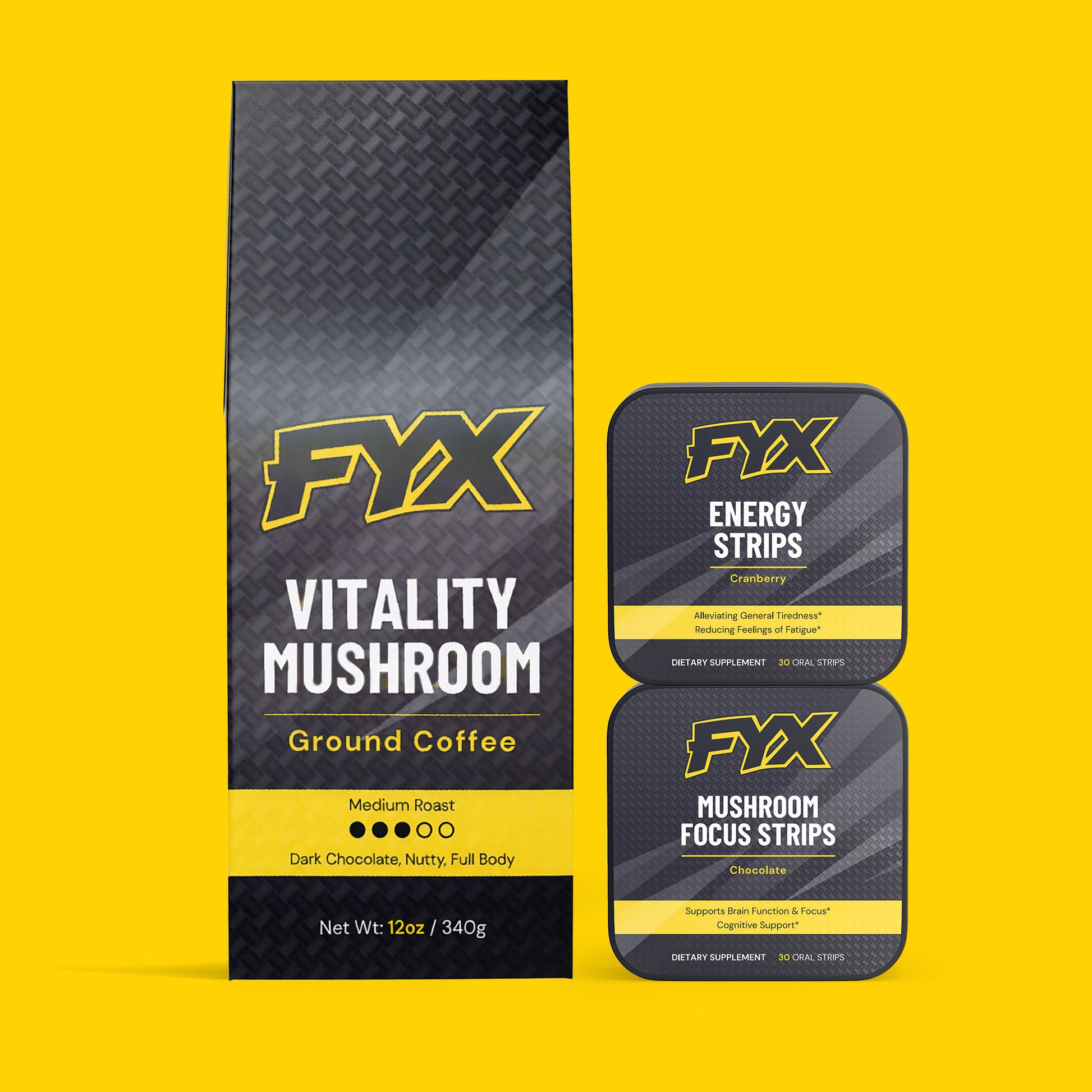 FYX Daily Focus and Energy bundle with Mushroom Focus, Energy Strips and Vitality Mushroom Coffee